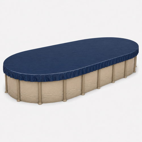 18' x 33' oval above-ground swimming pool with navy blue winter pool cover installed for seasonal protection from leaves, debris, precipitation, and winter weather.