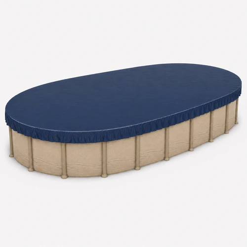 18' x 34' oval above-ground swimming pool with navy blue winter pool cover installed for seasonal protection from leaves, debris, precipitation, and winter weather.