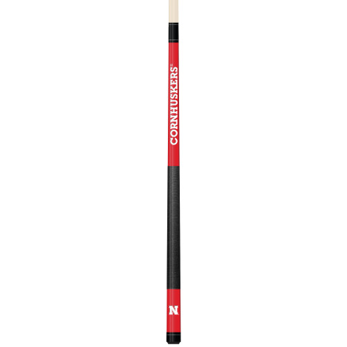 Vertical close-up view of the Nebraska Cornhuskers 19oz Team Color Laser Etched Cue featuring a bold red and black butt design with Nebraska team graphics and laser-etched detailing.