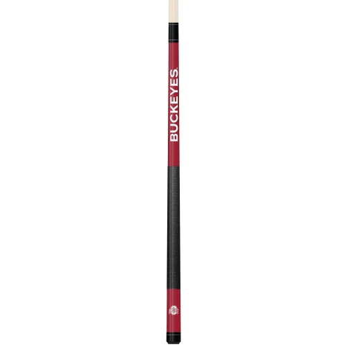 Vertical close-up view of the Ohio State Buckeyes 19oz Team Color Laser Etched Cue featuring bold red and black styling with Ohio State Buckeyes detailing along the cue butt.