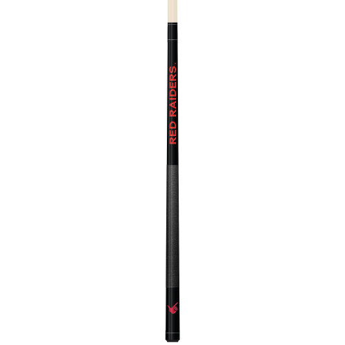 Vertical close-up view of the Texas Tech Red Raiders 19oz Team Color Laser Etched Cue featuring black, red, and white team-color styling with Texas Tech Red Raiders detailing along the cue butt.