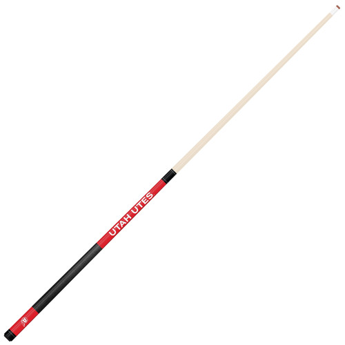 Full-length angled view of the Utah Utes 58-inch billiard cue showing the natural-finish shaft and contrasting red and black team-color butt design.