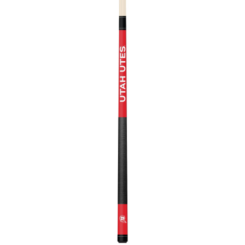 Vertical close-up view of the Utah Utes 19oz Team Color Laser Etched Cue featuring red, black, and white team-color styling with Utah Utes detailing along the cue butt.