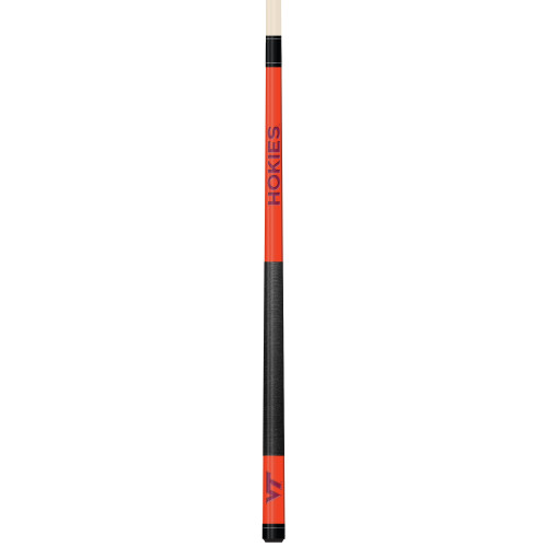 Vertical close-up view of the Virginia Tech Hokies 19oz Team Color Laser Etched Cue featuring maroon, orange, and black team-color styling with Virginia Tech Hokies detailing along the cue butt.