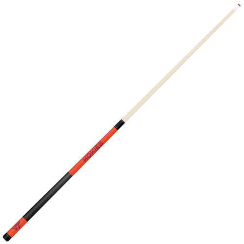 Full-length angled view of the Virginia Tech Hokies 58-inch billiard cue showing the natural-finish shaft and contrasting maroon, orange, and black team-color butt design.