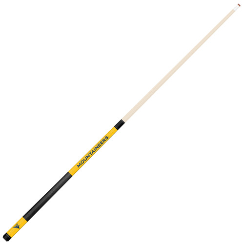 Full-length angled view of the West Virginia Mountaineers 58-inch billiard cue showing the natural-finish shaft and contrasting gold, navy, and black team-color butt design.