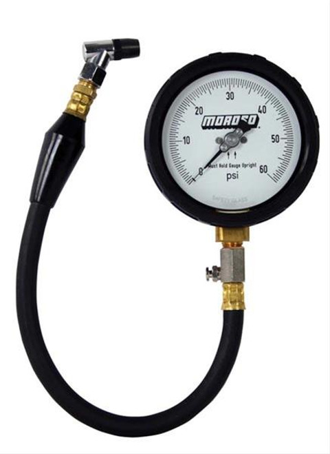 Moroso- Tire Gauge, 4 in. Diameter, 0-60 psi, 15 1/ 2 in. Hose, Stop Valve, Storage Case, Kit