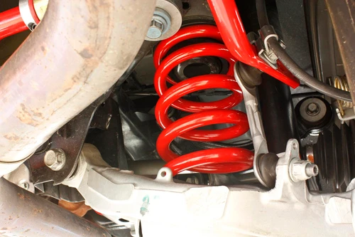 BMR SP763 red Mustang performance lowering springs installed view