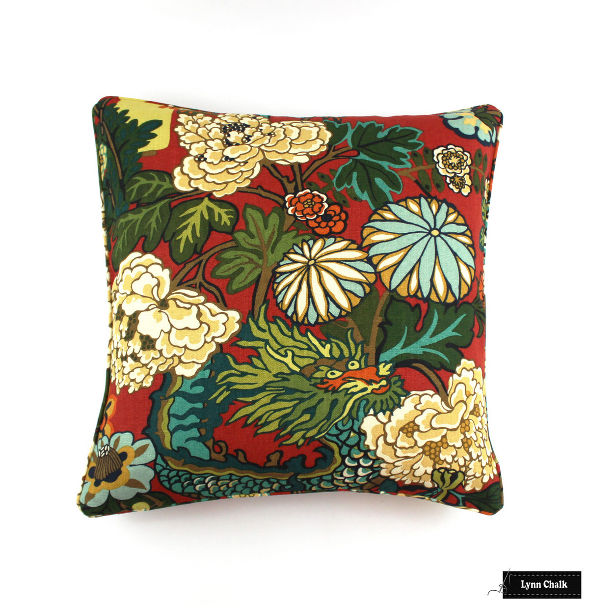 Schumacher Chiang Mai Dragon Pillow With Welting In Lacquer Red