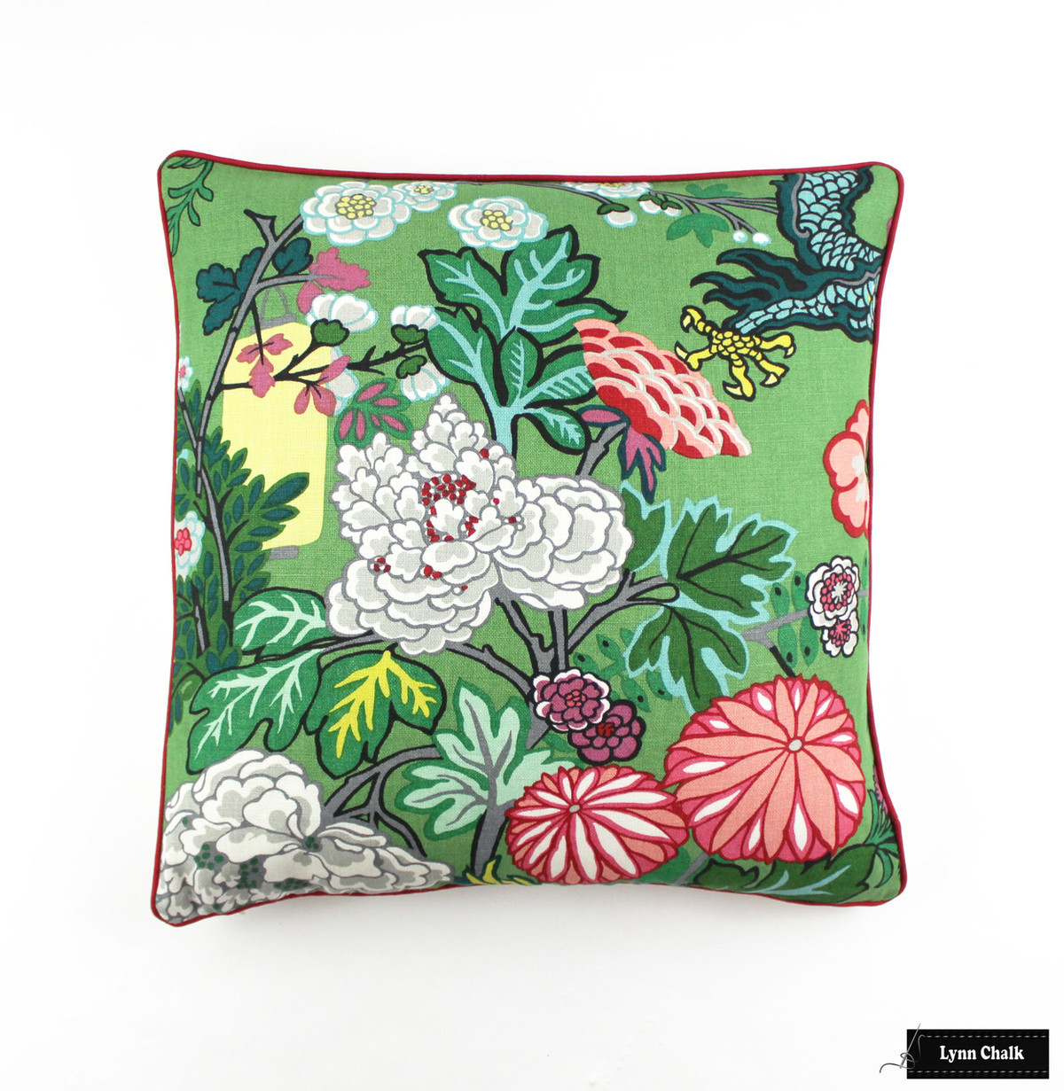 Schumacher Chiang Mai Dragon Pillow With Contrasting Welting In Jade