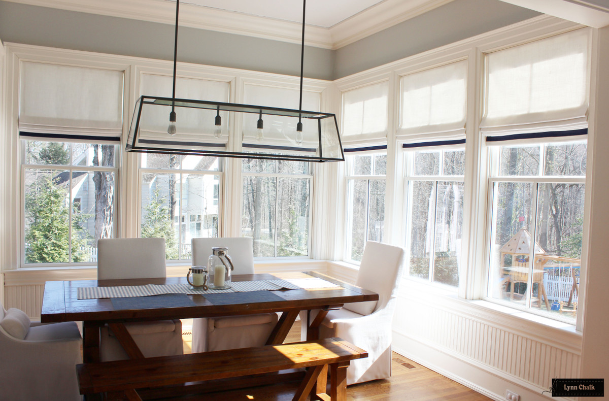 Living Room Roman Shade In Linen With Samuel And Sons Grosgrain Ribbon Trim On Bottom