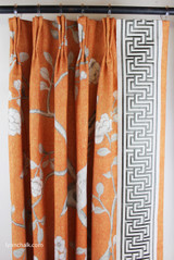 Custom Drapes by Lynn Chalk in Mary McDonald Chinois Palais in Tangerine trimmed with Labyrinth Tape in Dove.