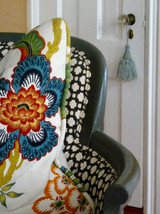 Pillow in Schumacher Celerie Kemble Hot House Flowers Spark and Betwixt on Chair