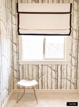 Roman Shade in White Linen with Self Valance with Samuel & Sons Trim in Granite Lynn Chalk
