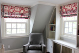 Custom Roman Shades by Lynn Chalk in Island Ikat in Magenta with Samuel & Sons Grosgrain Trim 1 1/2" Wide.
