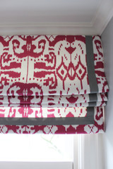 Custom Roman Shade by Lynn Chalk in Island Ikat in Magenta with Samuel & Sons Grosgrain Trim 1 1/2" Wide.