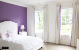 Dublin Linen in White 1 and half Width Drapes and Samuel and Sons Dolce Pom Pom Trim in Sugarplum - Helser Brother French Poles Alabaster