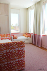 Girls Bedroom - Custom Drapes with Border and Bed and Pillows in Christopher Farr Fathom-(Designed by Salles Schaffer Architecture)