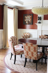   Dining Room - Custom Pleated Drapes by Lynn Chalk with Samuel  & Sons Trim