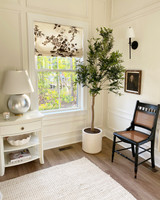 Roman Shade shown in Charcoal hanging in window in room are 33 1/4" wide.  Designed by Brexton Cole Interiors.