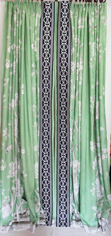 Custom Fan Pleated Drapes by Lynn Chalk in Mary McDonald Chinois Palais in Lettuce with Malmaison Trim in Noir/Swan