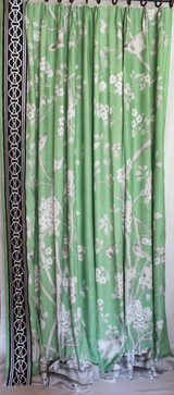 Custom Fan Pleated Drapes by Lynn Chalk in Mary McDonald Chinois Palais in Lettuce with Malmaison Trim in Noir/Swan