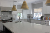 Kitchen Roman Shades in La Fiorentina in Light Grey on Off White Background
