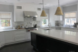 Kitchen Roman Shades in La Fiorentina in Light Grey on Off White Background