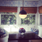 Custom Box Pleated Valance by Lynn Chalk in Quadrille Island Ikat in Zibby Blue (Picture sent in by client)