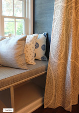 Schumacher Ambala Paisley Fog.   Cushion in Schumacher Travertine Linen Weave in Denim.  Pillows in Groundworks Kasa and Christopher Farr Pollen. (Erika Mercurio Design)