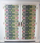 Front Slat Shades in Martyn Lawrence Bullard Darya Ikat Jewel on Doors. 