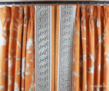 Custom Drapes by Lynn Chalk in Mary McDonald Chinois Palais in Tangerine trimmed with Labyrinth Tape in Dove.