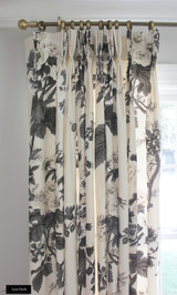 Schumacher Pyne Hollyhock Print Custom Drapes in Dining Room (shown in Charcoal, Indigo, Blush, Grisaille, Green Tea and Buttercup and Tobacco)