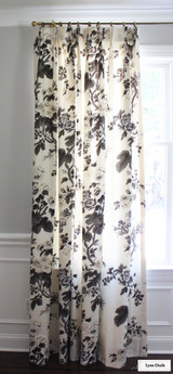 Schumacher Pyne Hollyhock Print Custom Drapes in Dining Room (shown in Charcoal, Indigo, Blush, Grisaille, Green Tea and Buttercup and Tobacco)