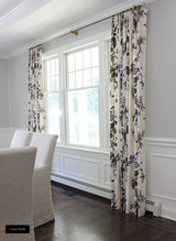 Schumacher Pyne Hollyhock Print Custom Drapes in Dining Room (shown in Charcoal, Indigo, Blush, Grisaille, Green Tea and Buttercup and Tobacco)
