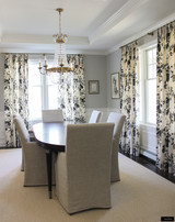 Schumacher Pyne Hollyhock Print Custom Drapes in Dining Room (shown in Charcoal, Indigo, Blush, Grisaille, Green Tea and Buttercup and Tobacco)