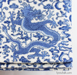 Custom Roman Shades by Lynn Chalk in Scalamandre Chi'en Dragon in Blue on White