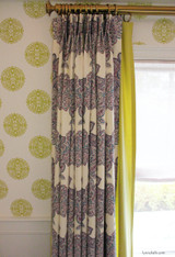 Drapes in Duralee Maris Currant 21076 338.  2nd Layer of Drapes in Fabricut Classic Chintz Light Green 41.  Sheer Relaxed Roman Shade in Donghia Maestro Linen Scrimm Lavender.  Thibaut Halie Circle Wallpaper Green T36171.