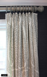 Schumacher Ambala Paisley Fog Drapes with Western Wood Supply Drapery Hardware Painted in Old Ivory.  