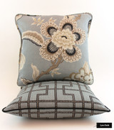 Schumacher Celerie Kemble Pillows - Bleecker in Twilight Pillow with black welting and Hothouse Flowers in Mineral with self welting