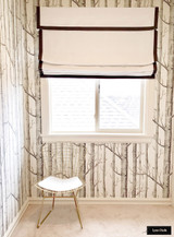 Roman Shade in White Linen with Self Valance with Samuel & Sons Trim in Granite