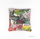 Custom Pillows Schumacher Chiang Mai Dragon with Contrasting Welting in Kravet Dublin Linen in Barn Red (shown in Alabaster 20 X 20)