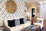 Chiang Mai Dragon Chair and Pillow with Quadrille Petite Zig Zag Pillows on Sofa.   Kelly Wearslter Edo Roman Shade in Bathroom