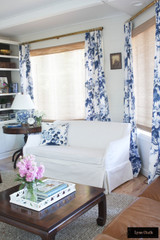 Schumacher Pyne Hollyhock Print Euro Pleated Drapes (shown in Indigo-also comes in Charcoal, Blush, Grisaille and Tobacco)