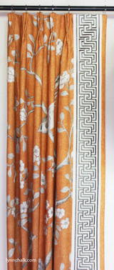 Custom Drapes by Lynn Chalk in Mary McDonald Chinois Palais in Tangerine trimmed with Labyrinth Tape in Dove.