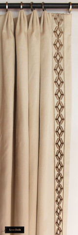 Kravet Stone Harbor in Flake Fan Pleated Drapes with Samuel and Sons Orly Epingle Velvet Border in Linen