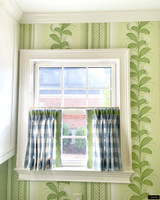 Schumacher Camden Check Sky Cafe Curtain with Fern Grosgrain Ribbon Trim on sides and top with Hydrangea Drape Wallpaper in Green 5004456
