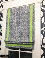 Roman Shade in Quadrille Petite Zig Zag Navy with Samuel & Sons Grosgrain Ribbon Trim in Peridot