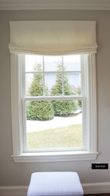   Relaxed Roman Shades and Drapes in Living Room (shown in Off-White Linen-lots of color options)