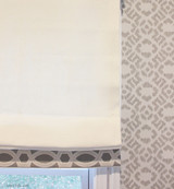 Roman Shade in Trend 01838T 07 with Samuel & Sons 977 56199 Trim.   Fabricut Wallpaper 50025W Diamante Grey 03.